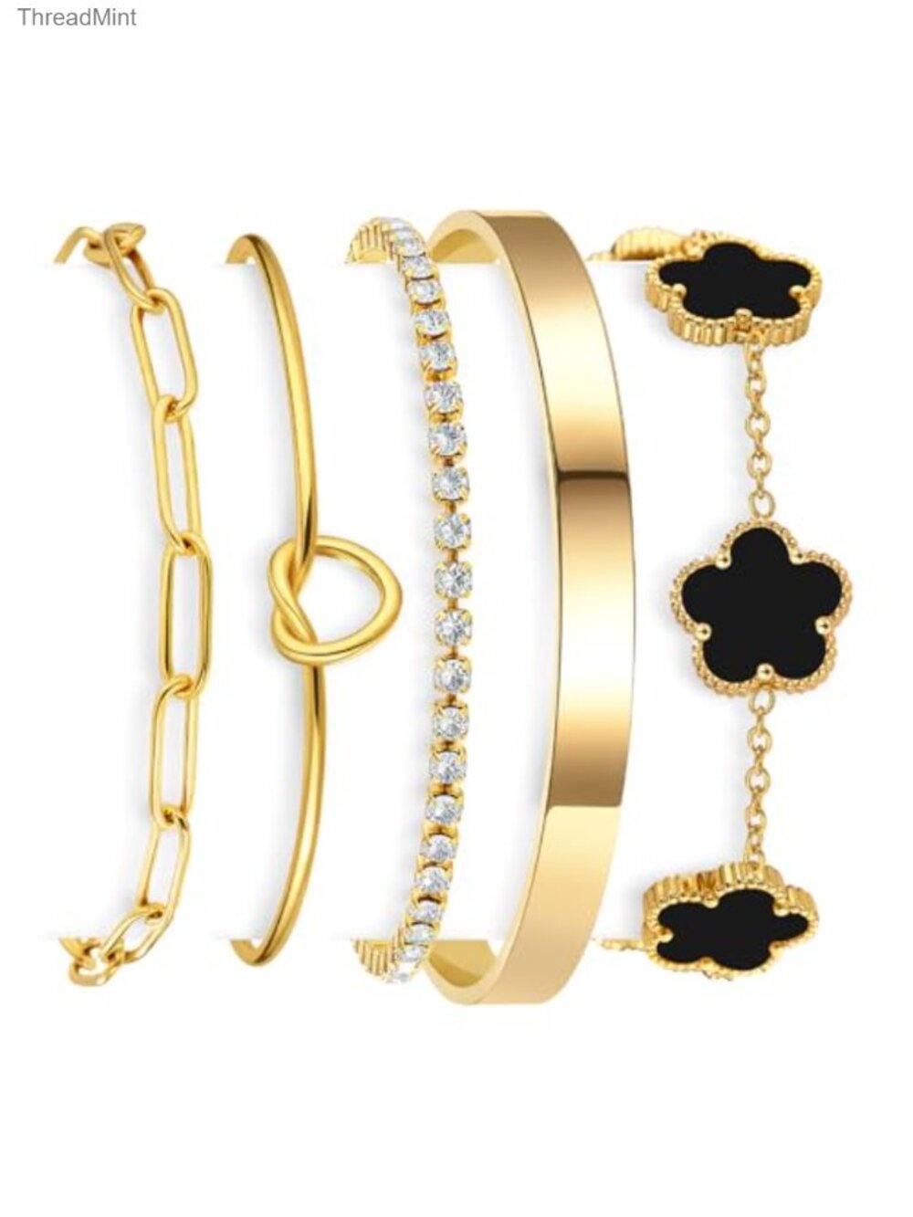 Stackable Gold Plated Bracelet Set 5pcs Adjustable Clover Paperclip Tennis Knot